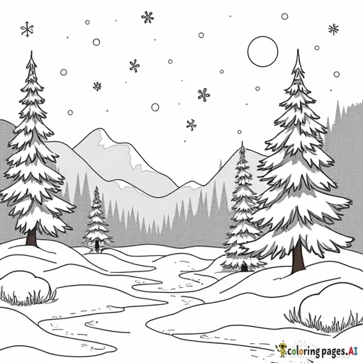 A winter scene with 31 spaces to color in