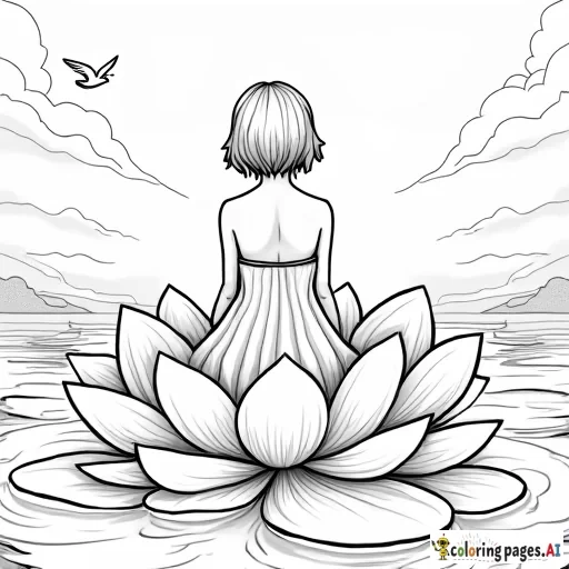 a woamn with short hair and a beautiful dress sitting on a lotus flower. it's a sunny day with a bird in the sky