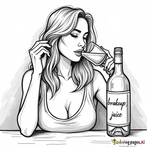 a woman at home drinking wine, wine bottle labeled breakup juice
