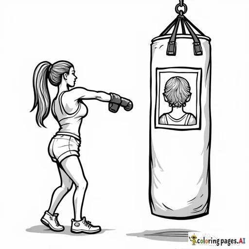 a woman hitting a punching bag with a pic of her ex boyfriend on it
