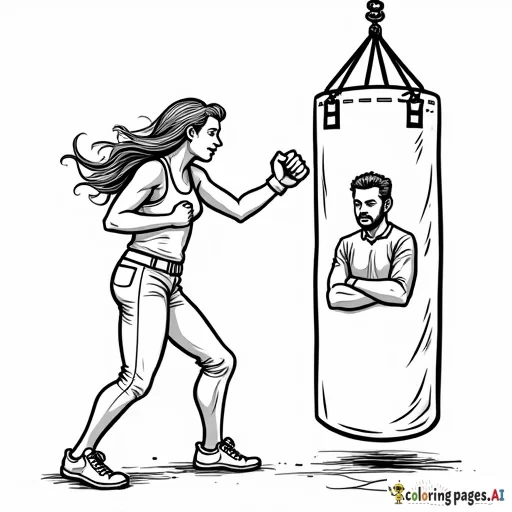 a woman hitting a punching bag with a pic of her ex boyfriend on it