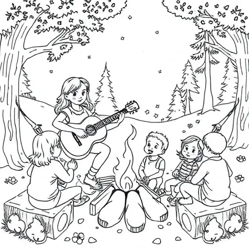 A woman playing a guitar for a group of preschool age children around a campfire - Free Printable Coloring Page
