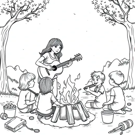 A woman playing a guitar for a group of preschool age children around a campfire - Free Printable Coloring Page