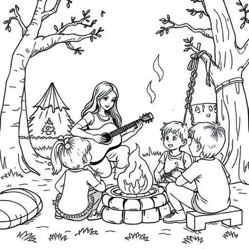 A woman playing a guitar for a group of preschool age children around a campfire - Free Printable Coloring Page
