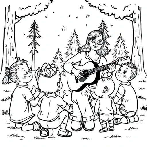 A woman playing a guitar for a group of preschool age children around a campfire - Free Printable Coloring Page