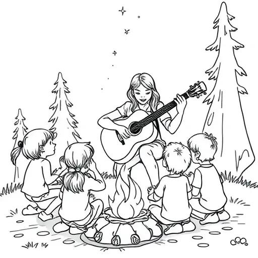 A woman playing a guitar for a group of preschool age children around a campfire - Free Printable Coloring Page