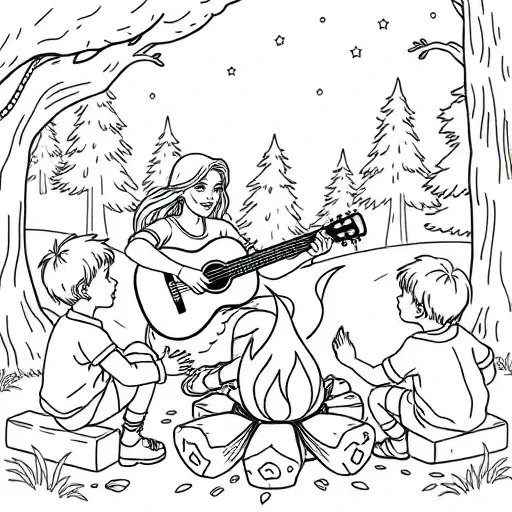 A woman playing a guitar for preschool age children around a campfire - Free Printable Coloring Page