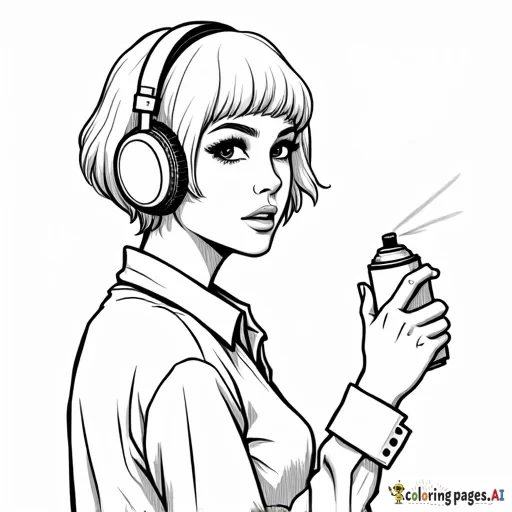 a woman with short hair and headphones on with her back to me with a spray paint can in her hand spraying