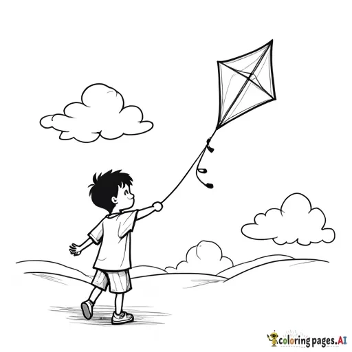 a young asian boy flying his kite in a sky filled with clouds