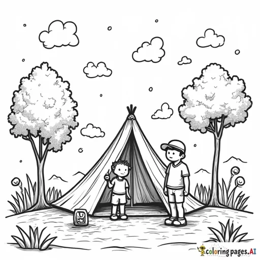 a young boy and his father at a camp site