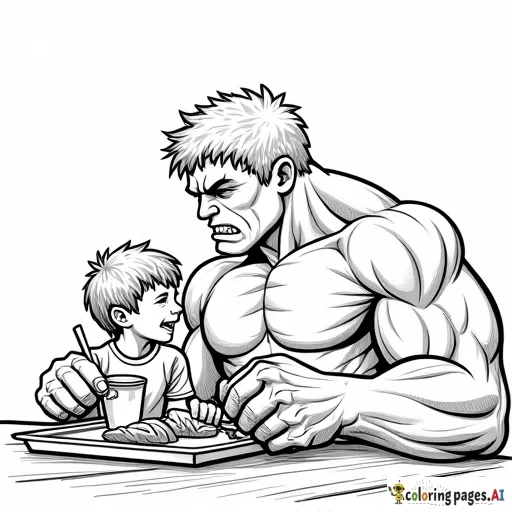 a young boy and the hulk having breakfast'