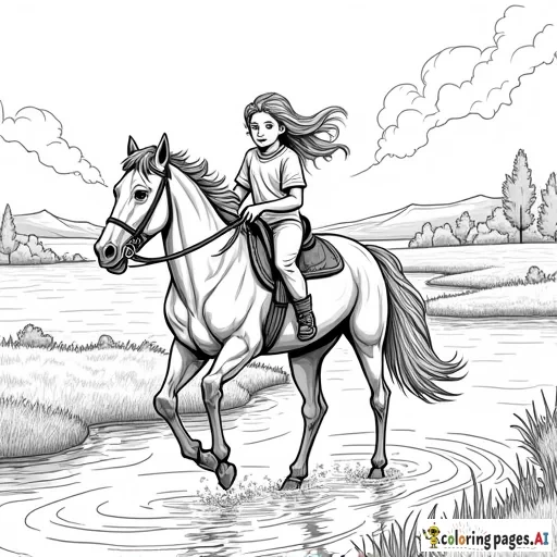 A young girl with long hair riding a horse next to a river