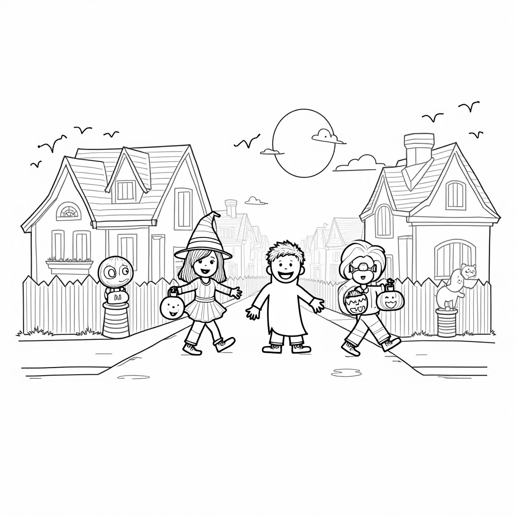 A group of cheerful children, dressed in fun Halloween costumes, are trick-or-treating through a spooky but friendly neighborhood. One child is dressed as a witch with a pointed hat, another as a superhero, and a third as a cute ghost. They’re holding out pumpkin-shaped candy buckets filled with treats. In the background, there are decorated houses with glowing jack-o'-lanterns on the porches, and a full moon shining in the sky. Bats are flying around, and a friendly black cat is sitting on a fence. The scene is playful and fun, with large, simple shapes for coloring, perfect for a festive Halloween vibe.