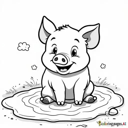 adorable pig playing in mud puddle, smiling, childrens coloring book page, black and white line art, cute cartoon style, bold thick outlines, no shading, easy to color for young kids