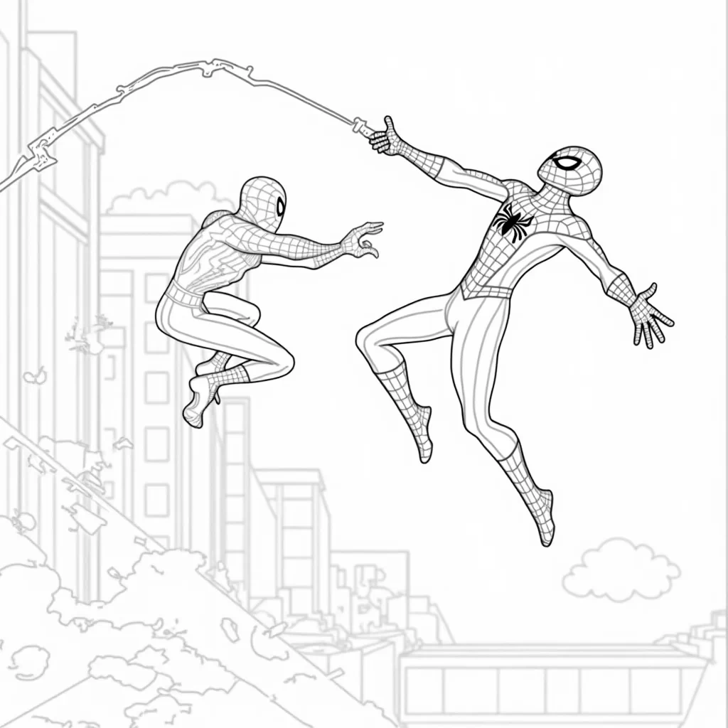 Spider-Man is in an epic face-off with a well-known villain like Green Goblin or Doctor Octopus. He’s mid-air, dodging an attack, while shooting a web towards his opponent. The background shows a crumbling building or a chaotic city scene, with debris and action lines adding to the intensity of the battle.