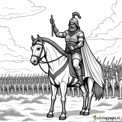African warrior king on magical steed with large army and kingdom in distance superhero style