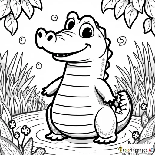 *AI Image Generator Prompt: "Create a detailed and engaging coloring page featuring a cute and friendly alligator. The alligator should be depicted in a playful pose, surrounded by a lush swamp environment. Include elements like flowing water, tropical plants, and quaint little insects buzzing around. The alligator should have big, expressive eyes and a smiling mouth, showcasing its gentle nature. Ensure that the outlines are bold and the design offers a variety of patterns and textures for coloring, making it suitable for children. The overall scene should be fun, inviting, and easy to color."