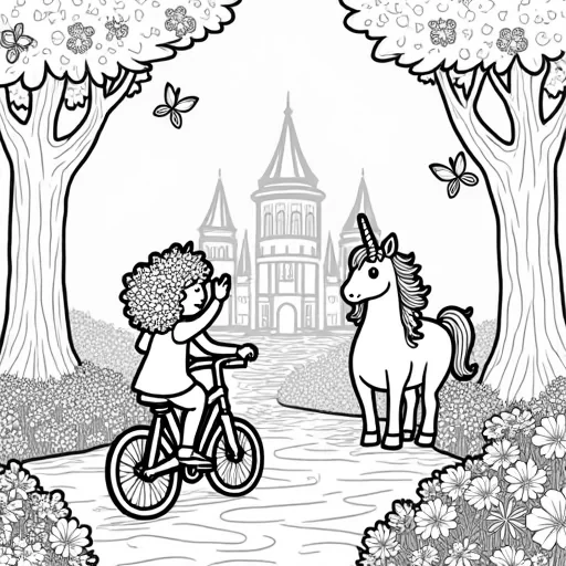 Almila, a 5-year-old curly-haired girl, is riding her magical bicycle through an enchanted forest filled with butterflies. A graceful princess with a sparkling crown and gown is standing nearby, waving at Almila as she pedals by. Right behind Almila, a beautiful unicorn with a rainbow-colored mane is following her, its hooves gently trotting on a path surrounded by colorful flowers. Butterflies of all shapes and sizes are fluttering around them, adding to the magical atmosphere. The trees are tall with vibrant leaves, and a glowing castle can be seen in the background, completing the enchanted scene. The shapes are large and friendly, perfect for kids to color.