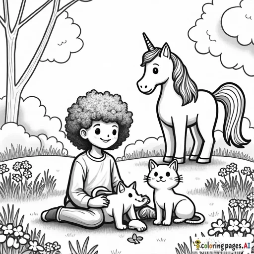 Almila, the 5-year-old curly-haired girl, is sitting happily in a sunny meadow, surrounded by three friendly cats. One is a playful kitten pawing at a butterfly, while the other two are lounging nearby, enjoying the warm sun. Almila’s father is standing close by, smiling as he watches her play. Behind them, a magical unicorn with a rainbow-colored mane is gracefully walking, adding a touch of enchantment to the scene. The meadow is filled with colorful flowers, and in the background, tall trees and fluffy clouds complete the peaceful setting. The large, simple shapes make this a fun and magical scene for kids to color