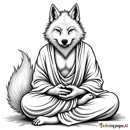 an angry wolf fursona character, buddha, spiritual, wolf feet, wolf hands,