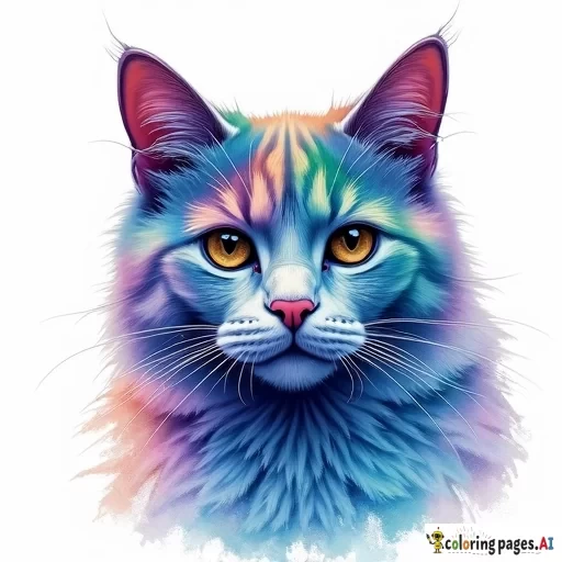 An artistic watercolor painting of a cat with a reverse color scheme. The cat's fur is in surreal hues like deep blues, purples, and greens, while its eyes, nose, and ears remain clearly visible with distinct yet softly blended details. The background is bright white, making the colors stand out. The watercolor edges are soft and light, blending seamlessly into the background for a delicate and fluid effect." - Free Printable Coloring Page