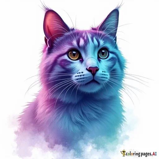 An artistic watercolor painting of a cat with a reverse color scheme. The cat's fur appears in surreal hues, such as deep blues, purples, and greens, creating an ethereal and dreamlike effect. The background is bright white, making the colors stand out vividly. The watercolor edges are soft and light, blending seamlessly into the background, giving the painting a delicate and fluid appearance." - Free Printable Coloring Page