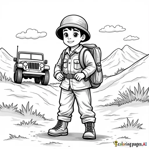 An eleven-year-old boy in an army uniform and rucksack with mountains and an Army jeep in the background