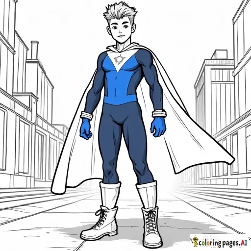 An illustration of    Athletic fit  boy blond caucasian  "Dren" Bierce aka Impressive Lad 14 years old  wearing     color blocked bodysuit, navy  leggings,   boots,   blue gloves and   hooded cape in city, telekinetic energy,  art in the style of Alex Ross