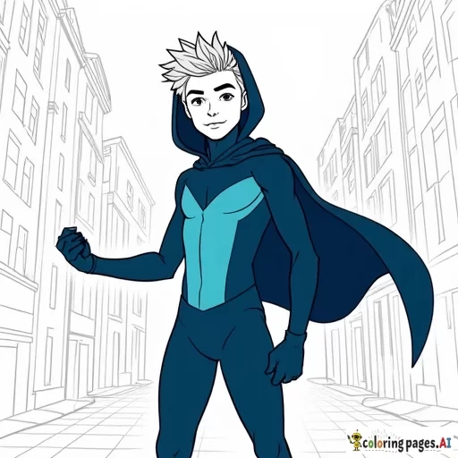 An illustration of    Athletic fit  boy blond caucasian  "Dren" Bierce aka Impressive Lad 14 years old  wearing midnight blue and turquoise color blocked bodysuit, navy blue leggings, navy blue boots,  navy blue gloves and midnight blue hooded cape in city, telekinetic energy,  art in the style of Alex Ross