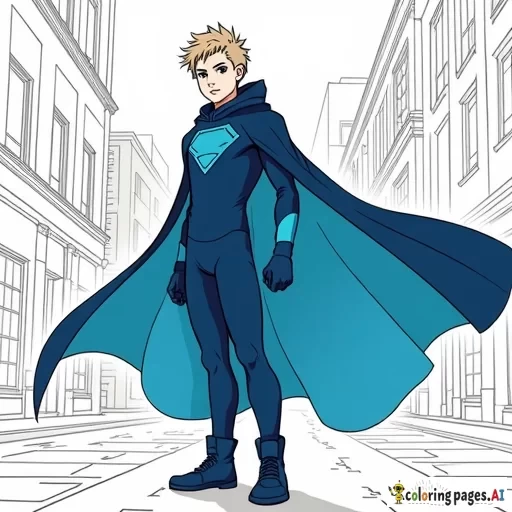 An illustration of    Athletic fit  boy blond caucasian  "Dren" Bierce aka Impressive Lad 14 years old  wearing midnight blue and turquoise color blocked bodysuit, navy blue leggings, navy blue boots,  navy blue gloves and midnight blue hooded cape in city, telekinetic energy,  art in the style of Alex Ross