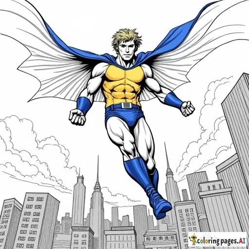 An illustration of    Muscular hunk Caucasian blond 18 year old Vaughn Harris aka Awesome Boy , wearing  , yellow bodysuit, royal blue briefs Royal blue suspenders, royal blue cape and royal blue boots   Flying over city showcasing telekinetic powers art in the style of Jim Lee