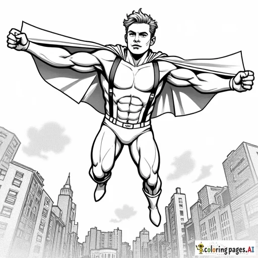 An illustration of    Muscular hunk Caucasian blond 18 year old Vaughn Harris aka Awesome Boy , wearing  ,  bodysuit,   briefs,   suspenders,   cape and   boots   Flying over city showcasing telekinetic powers art in the style of Jim Lee
