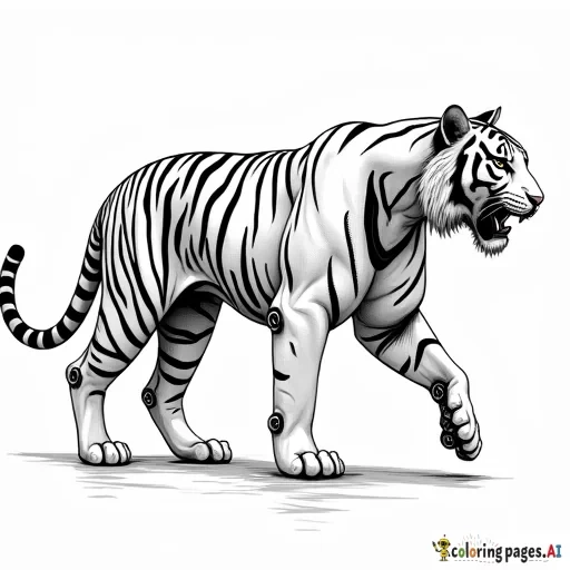 an image of a tiger in stride, the back leg in full view is completely robotic machine, as well as leading up the hip and morphing/merging with the natural body near the center. Half the face is robotic machine, merging with the natural half of the face, with one machine eye, and one natural eye. Technology overtaking nature is the theme here.