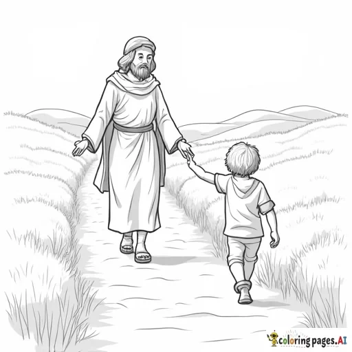 an image that represents a two year old boy walking through the darkest valley, with christ leading his way