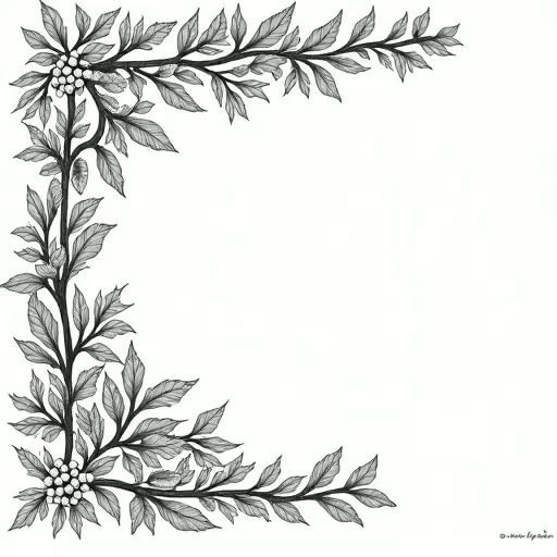 An L shaped corner garland with sprigs of holly branches of leaves and holly berries and a winter lantern in the center. IN solid black oil median ART. Entire image to be completely surrounded by a bright white background.