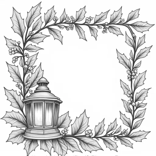 An L shaped corner garland with sprigs of holly branches of leaves and holly berries and a winter lantern in the center. IN solid black oil median ART. Entire image to be completely surrounded by a bright white background.
