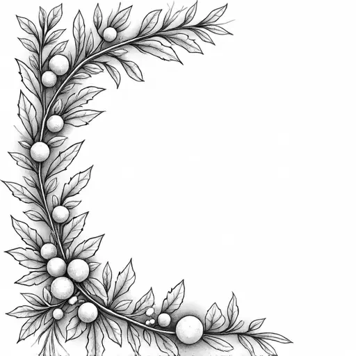 An L shaped corner garland with sprigs of holly branches of leaves and holly berries and a winter lantern in the center. IN solid black oil median ART. Entire image to be completely surrounded by a bright white background.