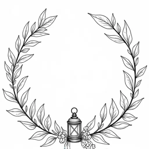 An L shaped corner garland with sprigs of holly branches of leaves and holly berries and a winter lantern in the center. IN solid black oil median ART. Entire image to be completely surrounded by a bright white background.