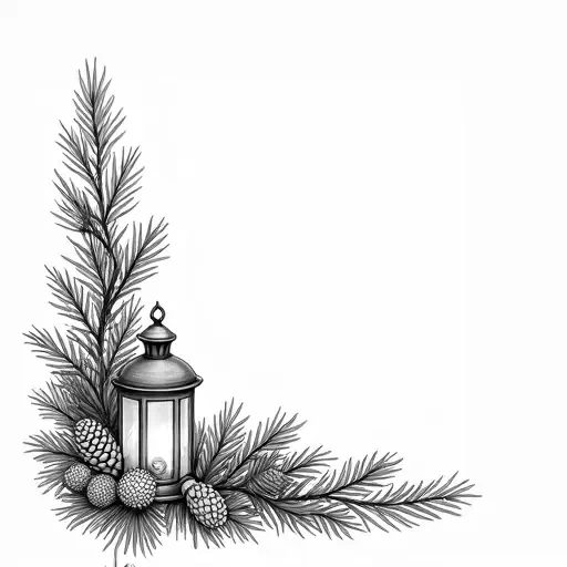 An L shaped corner garland with sprigs of pine branches, pine cones and a winter lantern in the center. IN solid black oil median ART. Entire image to be completely surrounded by a bright white background.