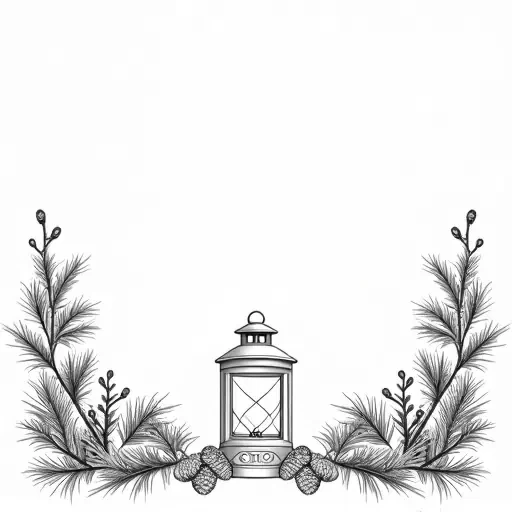 An L shaped corner garland with sprigs of pine branches, pine cones and a winter lantern in the center. IN solid black oil median ART. Entire image to be completely surrounded by a bright white background.