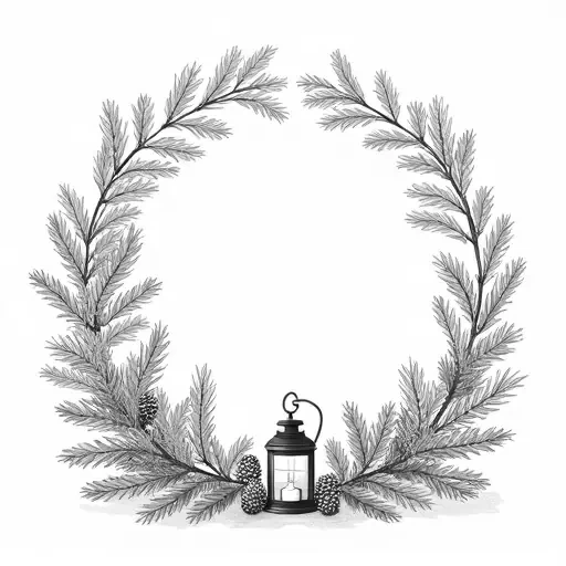 An L shaped corner garland with sprigs of pine branches, pine cones and a winter lantern in the center. IN solid black oil median ART. Entire image to be completely surrounded by a bright white background.