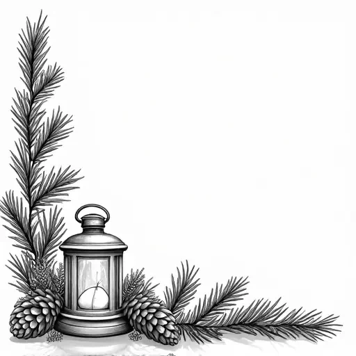 An L shaped corner garland with sprigs of pine branches, pine cones and a winter lantern in the center. IN solid black oil median ART. Entire image to be completely surrounded by a bright white background.