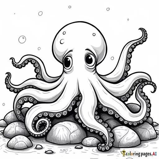 An octopus with tentacles wrapped around rocks and shells, with a playful expression.  Include details like suction cups on the tentacles and small treasures at the bottom of the sea. - Free Printable Coloring Page