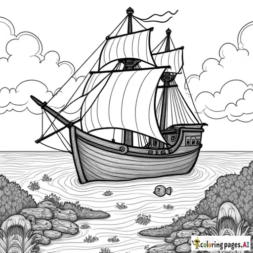 An old ship at the bottom of the sea, surrounded by fish, coral and treasures like chests and coins.  Add details like torn sails and broken wood. - Free Printable Coloring Page