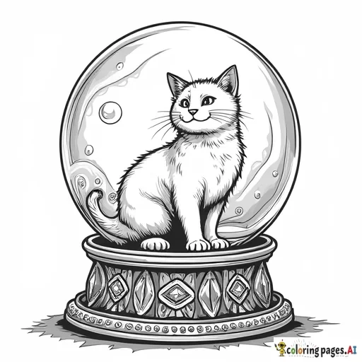 An ornate crystal ball decorated with various gems showing a scene with a smiling cat
