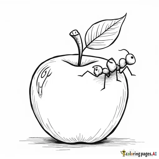 an  tiny ant eating a big apple kids coloring page - with the phrase an ant ate an apple along the bottom- make One big traceable letter Lower case and upper case letter A at the end