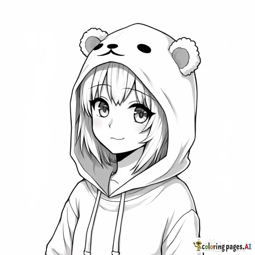 Anime girl wearing bear hoodie. High resolution. Thick line art.