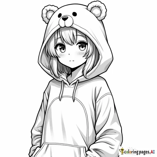 Anime girl wearing care bear hoodie. High resolution. Thick line art.