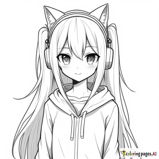 Anime girl wearing cat headphones. High resolution. Thick line art. Gamer girl. Pigtail hair. Long hair.