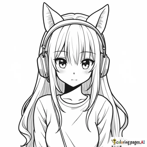 Anime girl wearing cat headphones. High resolution. Thick line art. Gamer girl.
